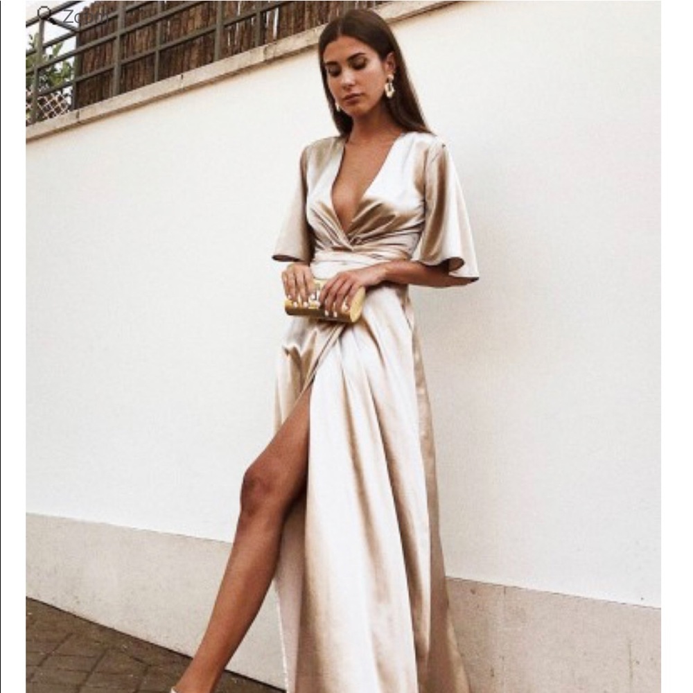 Deep V-neck Champagne Satin Gown | Size 4